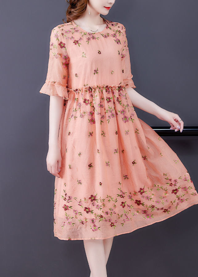 Italian Orange O-neck Embroideried Ruffled Silk Vacation Dresses Summer