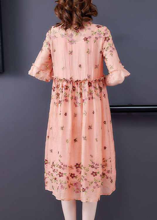 Italian Orange O-neck Embroideried Ruffled Silk Vacation Dresses Summer
