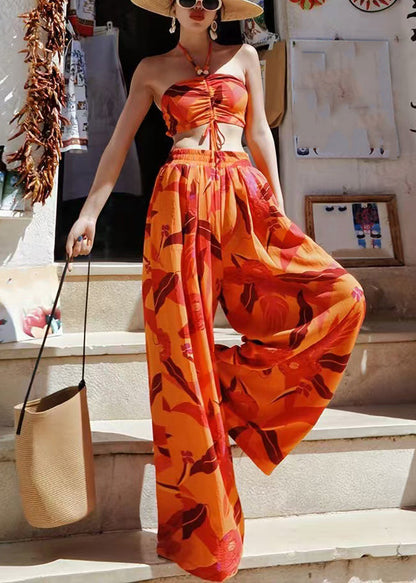 Italian Orange Print Cotton Strapless Tops and Wide Leg Pants Two Pieces Set Summer