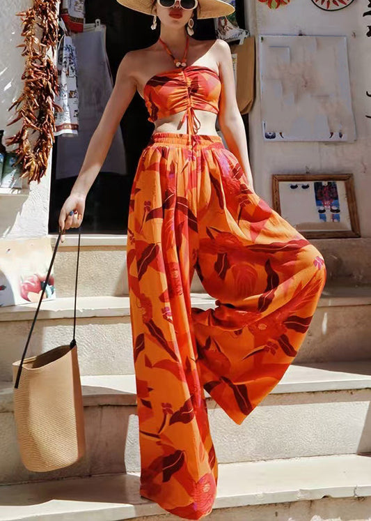 Italian Orange Print Cotton Strapless Tops and Wide Leg Pants Two Pieces Set Summer