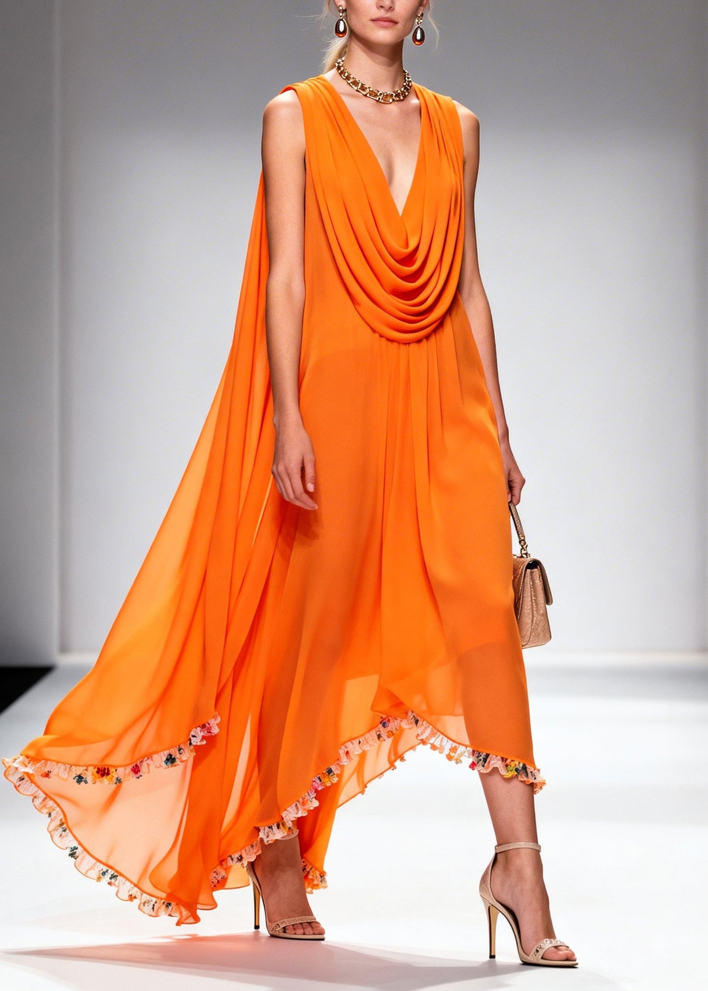 Italian Orange Turtle Neck Patchwork Flower Lace Chiffon Beach Dresses Sleeveless
