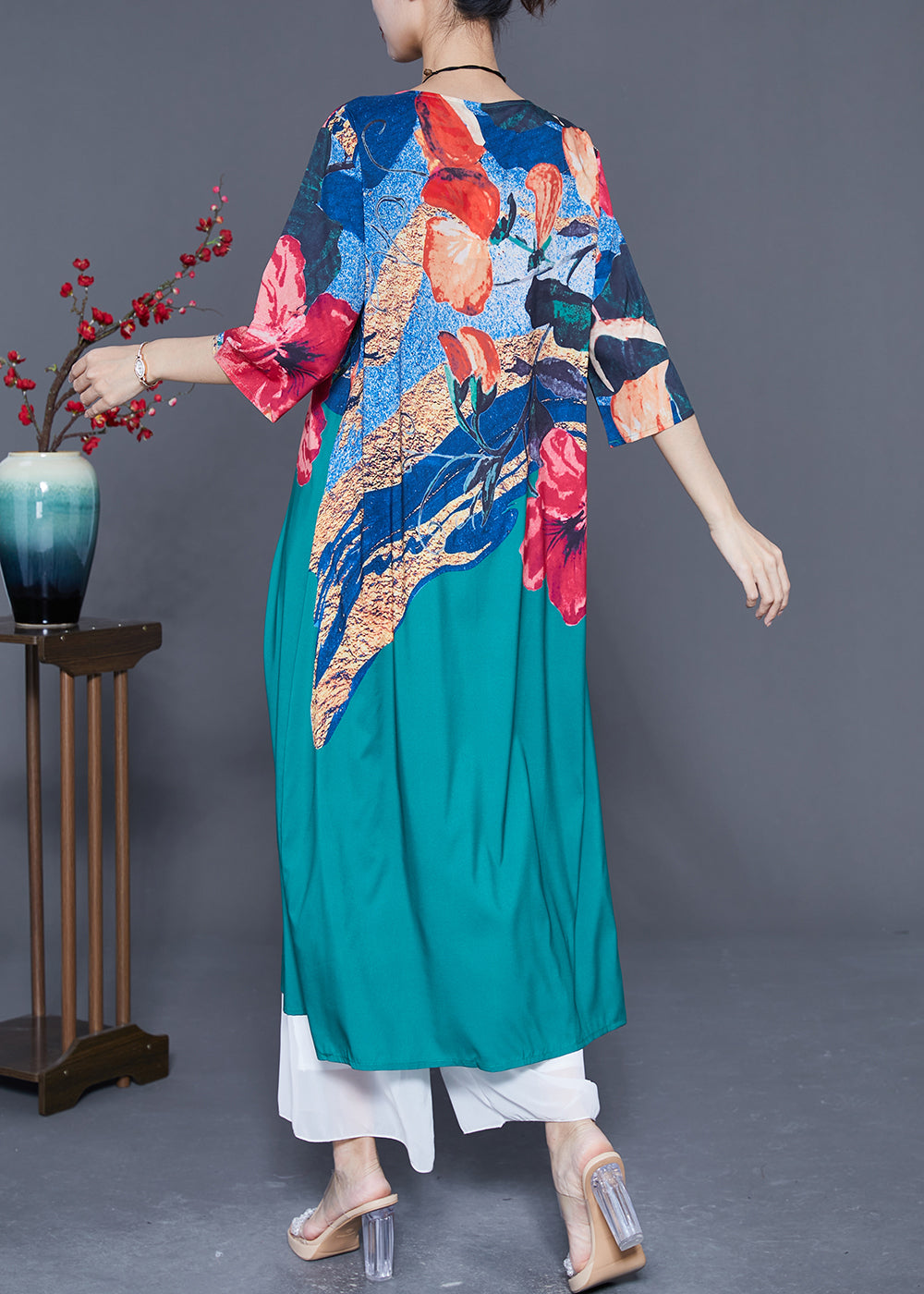 Italian Peacock Blue O-neck Print Chiffon Maxi Dresses Half Sleeve