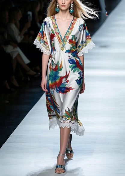 Italian Phoenix Print Patchwork Lace Silk Holiday Dress Summer