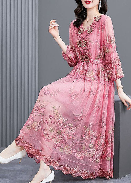 Italian Pink Embroidered Silk Cinched Dresses Bracelet Sleeve