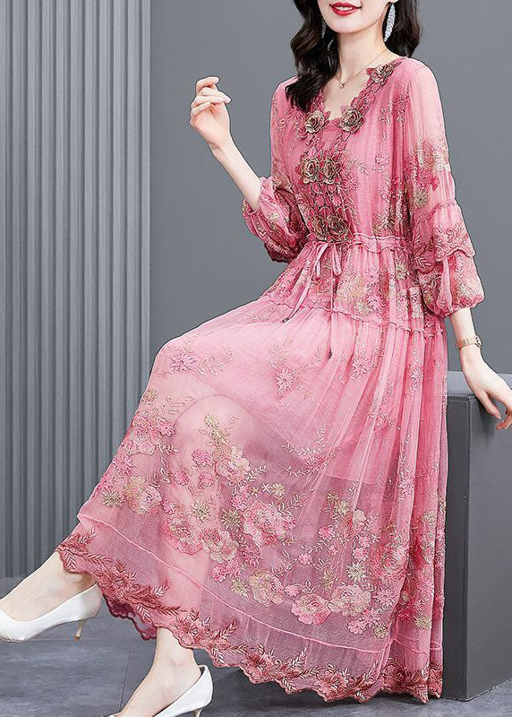 Italian Pink Embroideried Silk Cinched Dresses Bracelet Sleeve