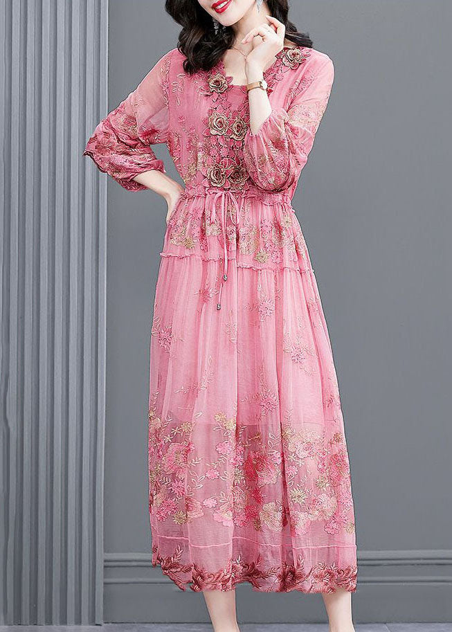 Italian Pink Embroidered Silk Cinched Dresses Bracelet Sleeve