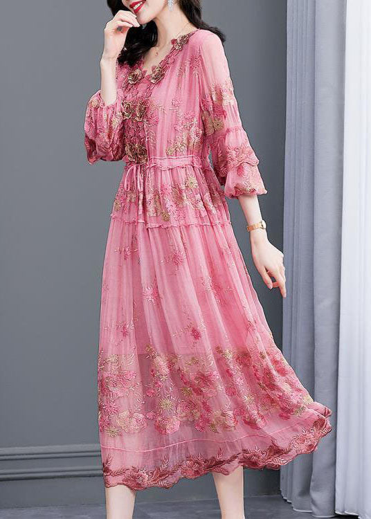 Italian Pink Embroideried Silk Cinched Dresses Bracelet Sleeve