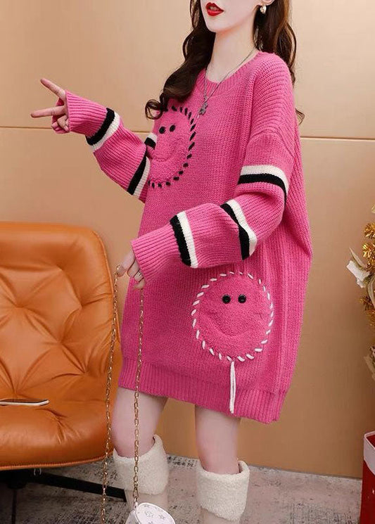 Italian Pink O-neck Oversized Jacquard Knit Sweater Dress Winter