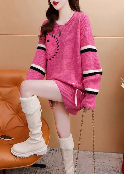 Italian Pink O-neck Oversized Jacquard Knit Sweater Dress Winter
