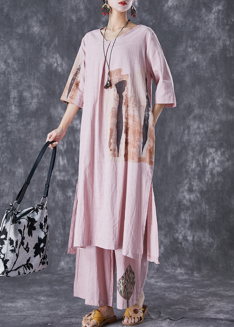 Italian Pink Oversized Print Linen Dress and Pants Sets 2 Pieces Summer