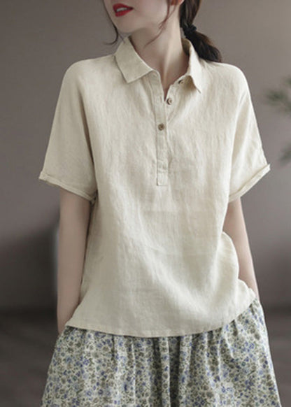 Italian Pink Peter Pan Collar Patchwork Button Linen Top Short Sleeve
