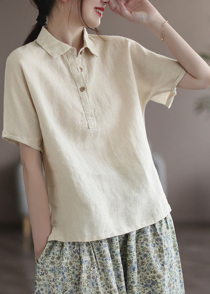 Italian Pink Peter Pan Collar Patchwork Button Linen Top Short Sleeve