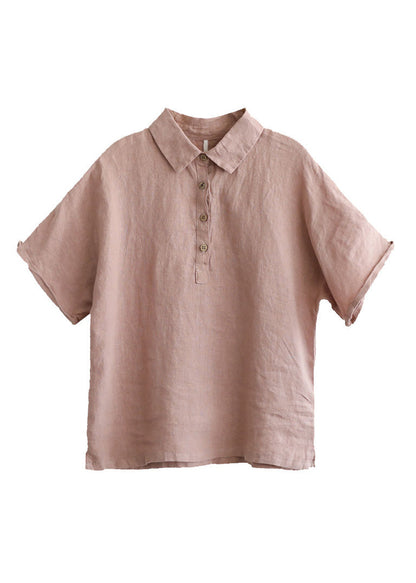 Italian Pink Peter Pan Collar Patchwork Button Linen Top Short Sleeve