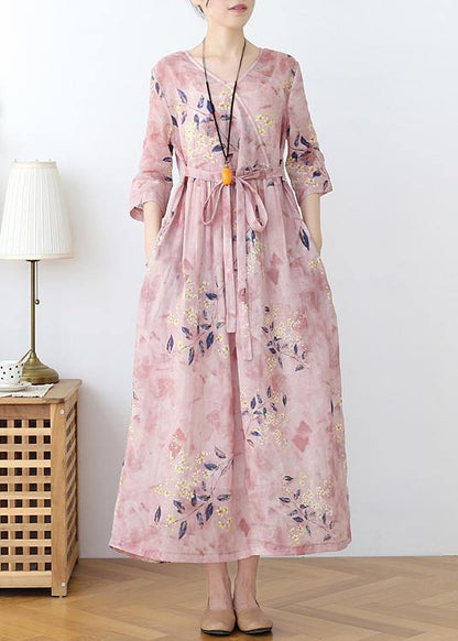 Italian Pink Print Cotton Orientaltie Waist Spring Dress