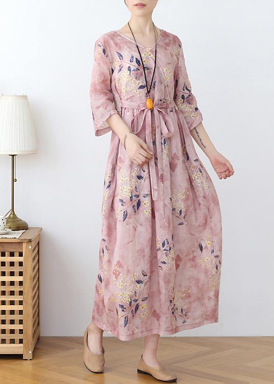 Italian Pink Print Cotton Orientaltie Waist Spring Dress