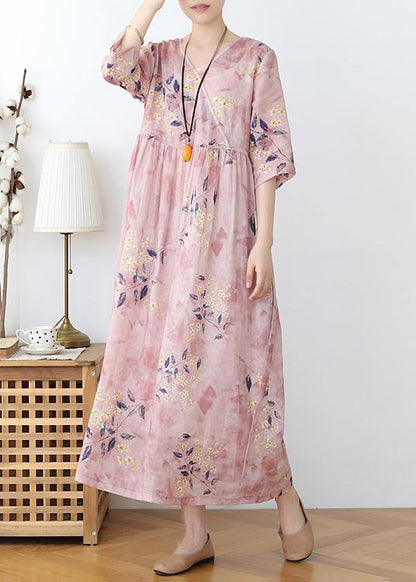 Italian Pink Print Cotton Orientaltie Waist Spring Dress