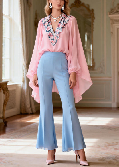 Italian Pink Print Patchwork Chiffon Top and Flared Trousers Two Pieces Set Lantern Sleeve