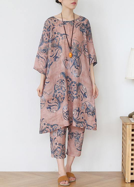 Italian Pink Print Ramie O-neck Short Sleeve Harem Two Pieces Set