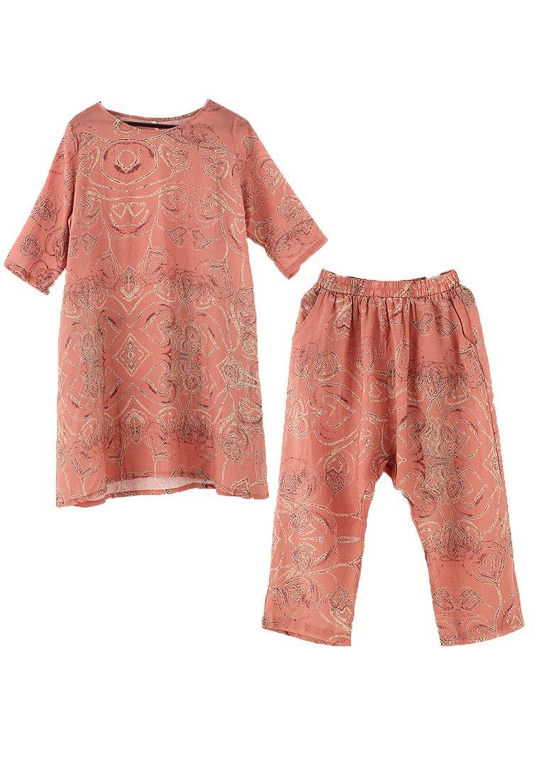 Italian Pink Print Ramie O-neck Short Sleeve Harem Two Pieces Set
