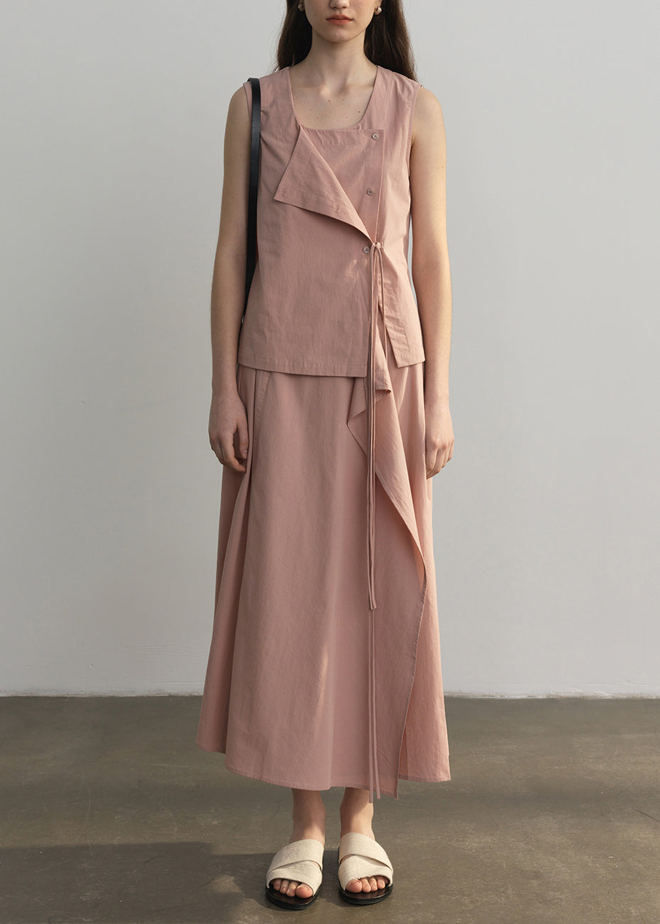 Italian Pink Square Collar Tops and Skirts Cotton Two Pieces Set Sleeveless