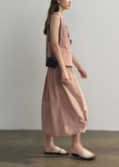 Italian Pink Square Collar Tops and Skirts Cotton Two Pieces Set Sleeveless