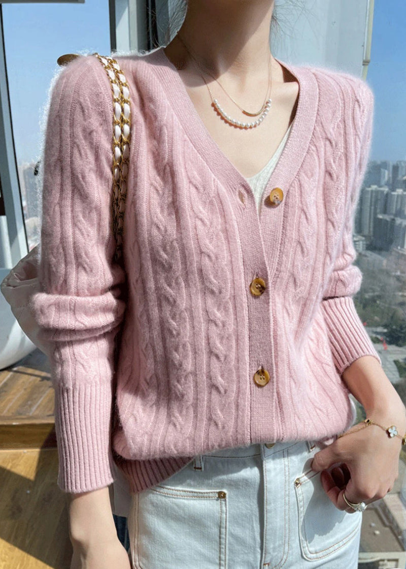 Italian Pink V Neck Cable Wool Knit Cardigans Fall