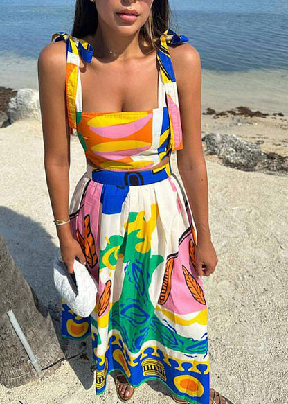 Italian Print Vest and a Line Skirts Two Piece Set Summer