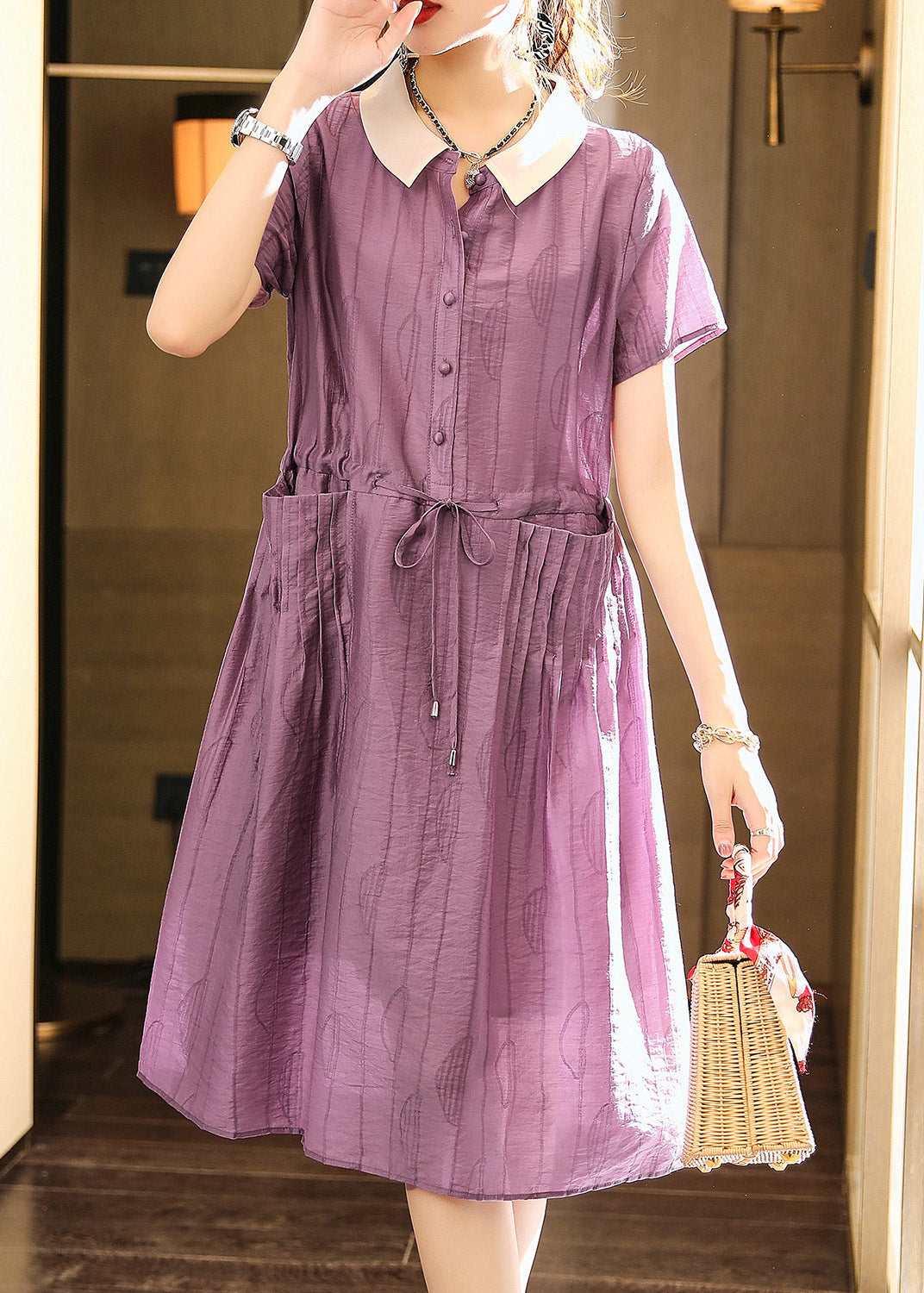 Italian Purple O-neck Patchwork Drawstring Button Party Long Dress Summer