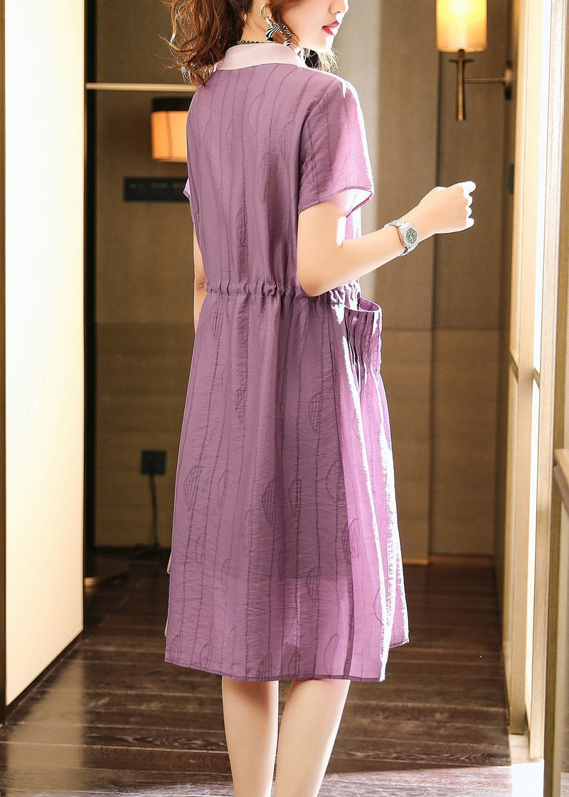 Italian Purple O-neck Patchwork Drawstring Button Party Long Dress Summer
