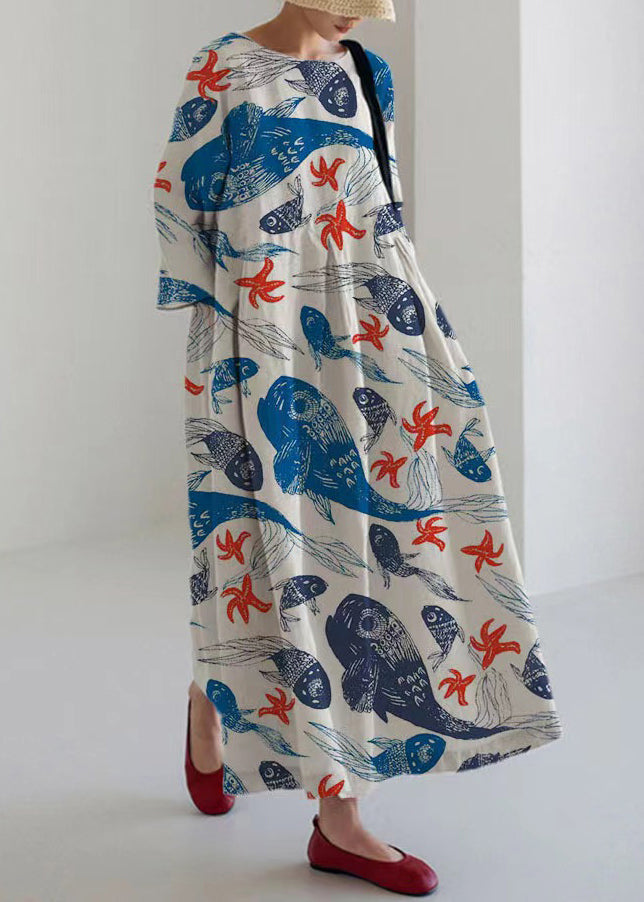 Italian Purple O-neck Print Pockets Party Maxi Dress Bracelet Sleeve
