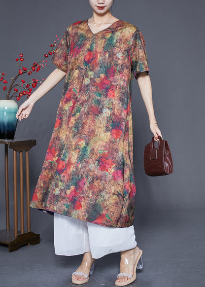 Italian Purple Print Khaki Tie Dye Wear on Both Sides Silk Vacation Dresses Summer
