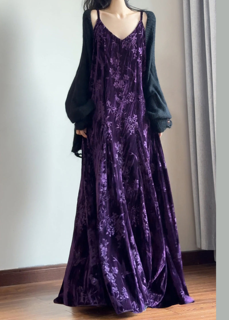 Italian Purple V Neck Jacquard Silk Velvet Spaghetti Strap Dress Sleeveless