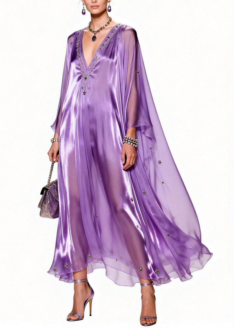 Italian Purple V Neck Zircon Patchwork Chiffon Dresses Summer