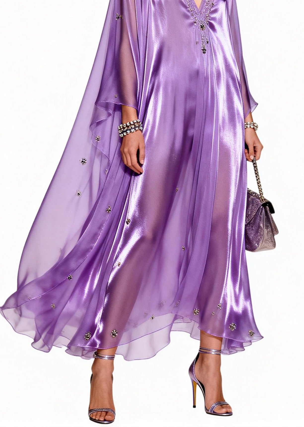 Italian Purple V Neck Zircon Patchwork Chiffon Dresses Summer