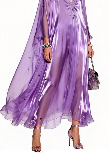 Italian Purple V Neck Zircon Patchwork Chiffon Dresses Summer