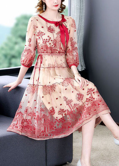 Italian Red O-neck Embroideried Tulle Cinched Dress Half Sleeve