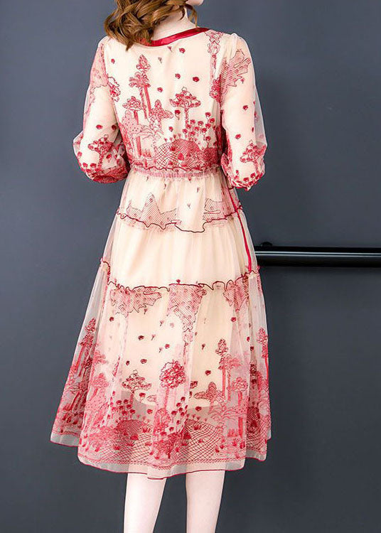 Italian Red O-neck Embroideried Tulle Cinched Dress Half Sleeve