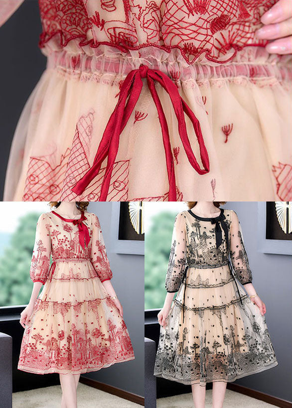 Italian Red O-neck Embroideried Tulle Cinched Dress Half Sleeve