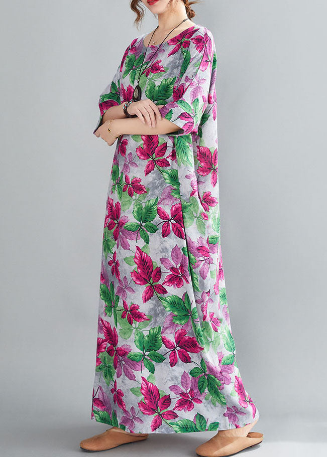 Italian Red O-neck Oversized Print Linen Long Dresses Gown Half Sleeve