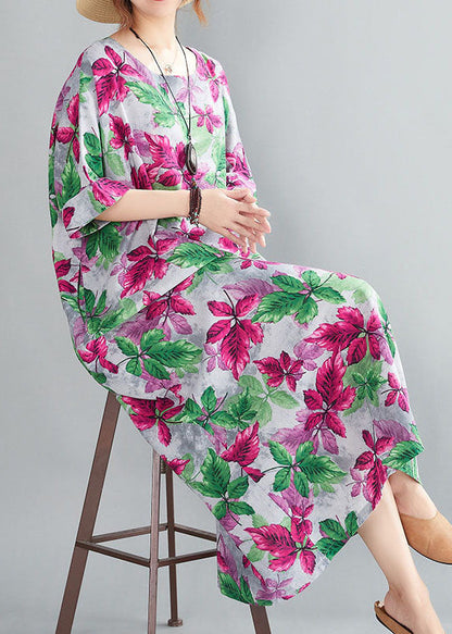 Italian Red O-neck Oversized Print Linen Long Dresses Gown Half Sleeve