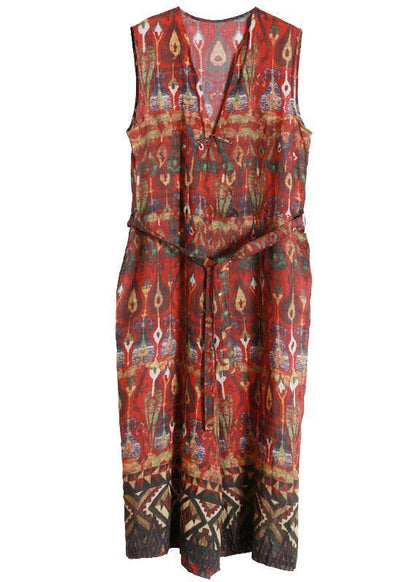 Italian Red Print Linen Sundress Drawstring