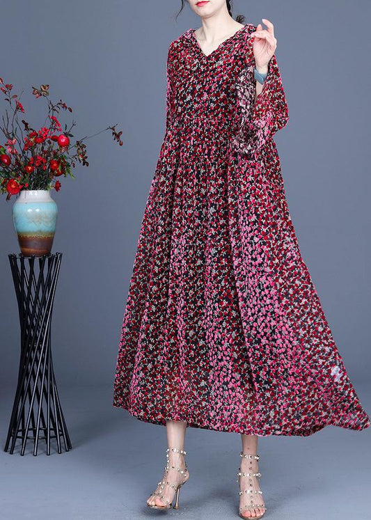 Italian Red Print Flare Sleeve Summer Silk Maxi Dresses