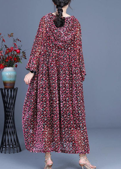 Italian Red Print Flare Sleeve Summer Silk Maxi Dresses