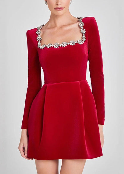Italian Red Square Collar Zircon Velvet Mid Dress Spring