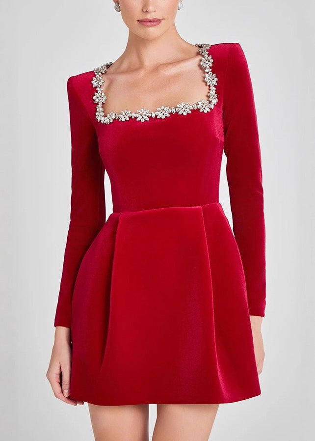 Italian Red Square Collar Zircon Velvet Mid Dress Spring