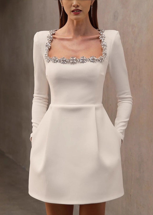 Italian Red Square Collar Zircon Velvet Mid Dress Spring