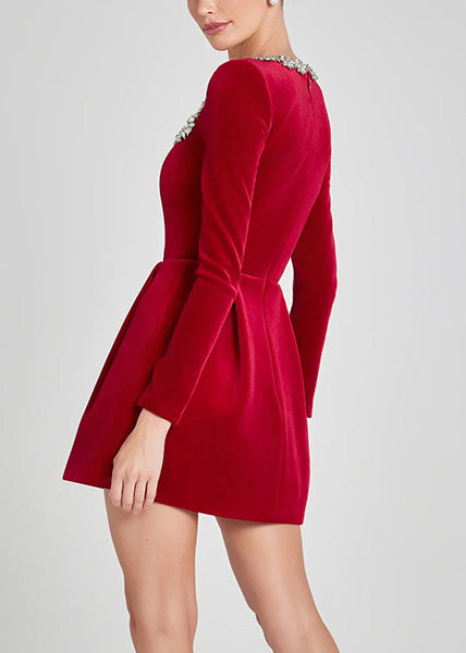 Italian Red Square Collar Zircon Velvet Mid Dress Spring