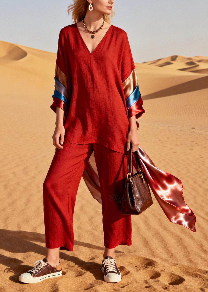 Italian Red V Neck Silk Patchwork Linen Two Piece Set Outfits Summer