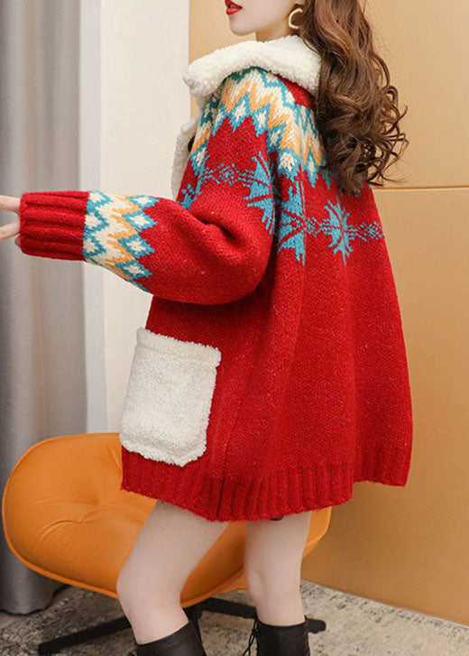 Italian Red Loose Pockets Fall Sweater Coat
