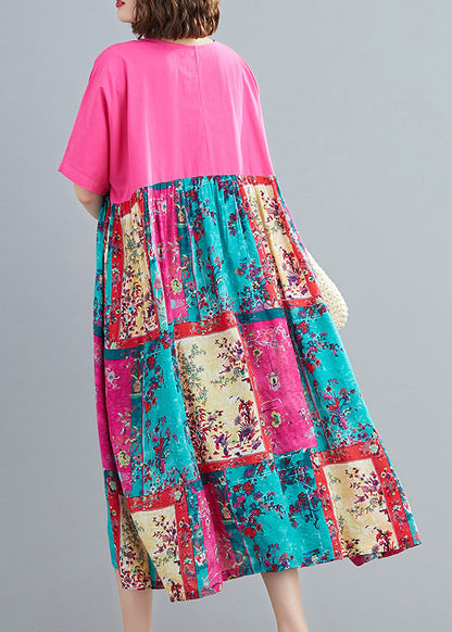 Italian Rose O-neck Patchwork Pocket Vacation Dress Short Sleeve